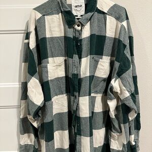 Aerie Oversized Green and White Plaid Flannel Shirt